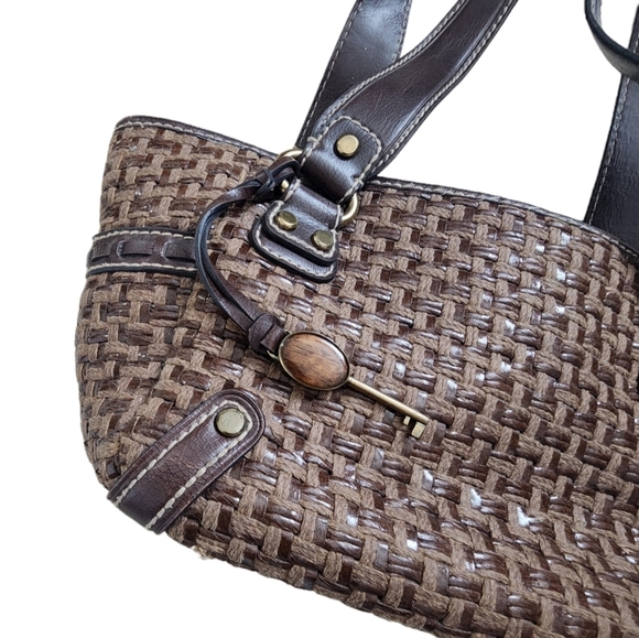 Vintage Fossil Key Raffia Woven Straw Leather Shoulder Bag Purse Pocketbook FLAW - Picture 4 of 9